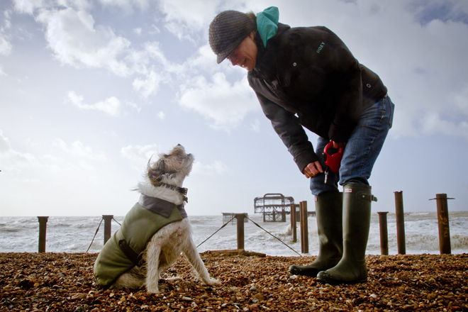 Jo and Zak chatting at the West Pier on a stormy day